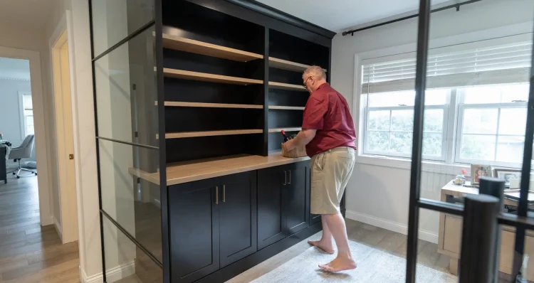 Wade of Bigfoot Custom Cabinetry placing a gift basket on custom office shelves
